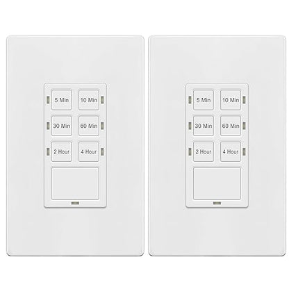 TG 4 Hour No Neutral Wire Countdown Timer Switch, 5-10-30-60 Min, 2-4 Hour, for Bathroom Fans, Heaters, Lights, LED Indicator, 120VAC 800W, UL Listed, Screwless Wall Plate, 2 Pack