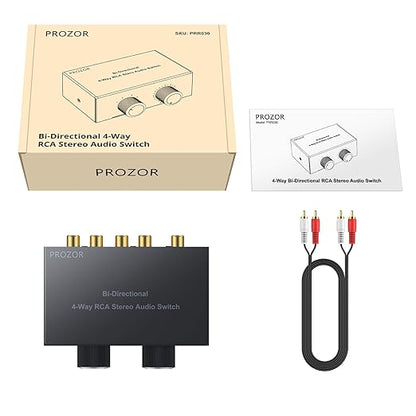 PROZOR RCA Switch 4 Way Bi-Directional RCA Splitter with Volume Control and Switch Button, R/L Audio Selector with No Power Supply Needed for DVD Stereo Speaker CD Player