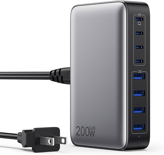 USB C Charger 200W USB C Charger Block,Upgraded GaN III 8-Port Fast Charging Station Hub,PD 65W Laptop Charging Adapter Compatible with MacBook Pro/Air,DELL,Steam Deck,iPhone 16/15/14,Galaxy S23/22