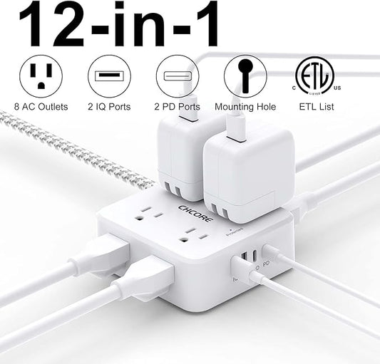5Ft Flat Plug Braided Extension Cord - CHCORE Surge Protector Power Strip with 8 Outlets and 2 USB-C (PD 30W) Fast Charging Ports and 2 USB-A Ports for Home, Office, Dorm Room Essentials, ETL, White