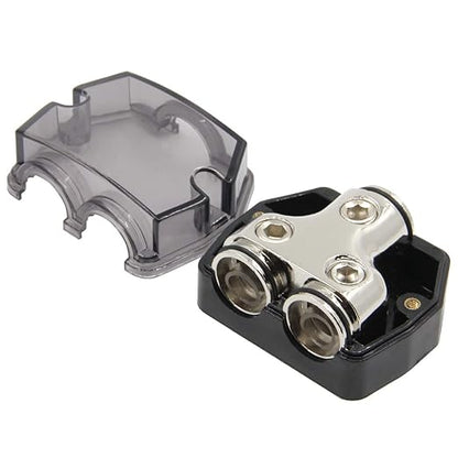 RKURCK 2 Way Power Distribution Block, 0/2/4 AWG Gauge in, 0/4/8/10 Gauge Out, Car Audio Stereo Amp Distribution Connecting Block for Audio Splitter (1x0GA+2x0GA)