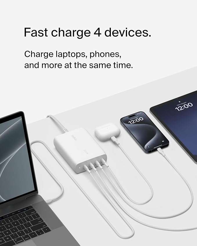 Belkin 4-Port USB C Charger Block 200W - GaN Multi-Port Charger USB-C PD 3.1 Fast Charge + 5ft Power Cord - MacBook, iPhone 16, iPad, Galaxy S25, Google Pixel, Nintendo Switch 2 - White