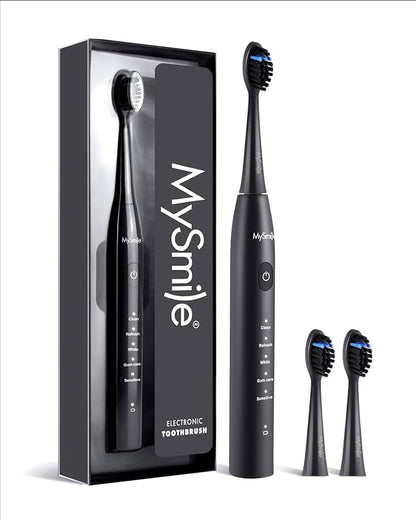 MySmile DY156 Electric Toothbrush for Adults, Rechargeable Sonic Battery Toothbrush Portable with 3 Brush Heads, 2 Mins 5 Modes Smart Timer, 45000VPM, One Charge for 60 Days – Black