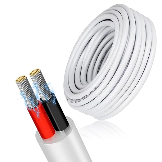 22 Gauge 2 Conductor Electrical Wire, 32.8FT Low Voltage 22/2 Tinned Copper Stranded 2 Wire Cable, 22 AWG White Flexible Extension Power Cord for Automotive, LED Lamp, Outdoor Landscape Lighting Etc