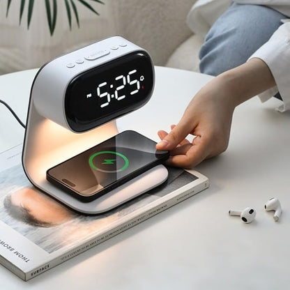 3in1 Multi-Functional Wireless Charging Alarm Clock Smart Night Light Qi Charger LED Digital Clock Adjustable Light 15W Fast Wireless Charging for All Qi Phone and TWS Headphone White
