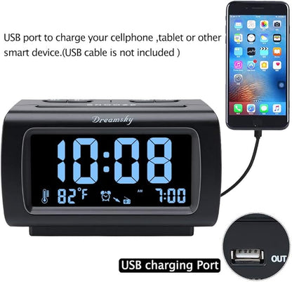 DreamSky Alarm Clock Radios for Bedrooms with Battery Backup, Large Big Numbers with Brightness Dimmer, USB Port, Bedside Digital FM Radio with Sleep Timer, Temperature, Adjustable Volume, Snooze