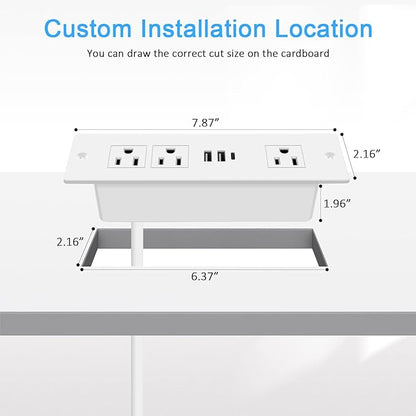 HEZI Recessed Power Strip, Furniture Drawer Outlet with 20W PD USB-C & 18W QC3.0 USB-A, Plug in 3 Outlets & USB Ports, Flush Mount 6FT White Extension Cord Conference Desk Outlets