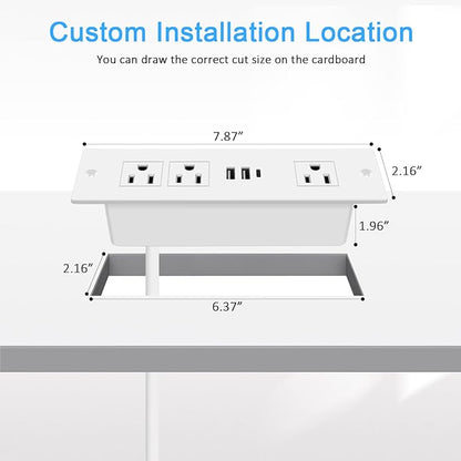 Recessed Power Strip, Furniture Plug in 3 Outlets & Fast Charging 20W PD USB-C Port & 18W/3A QC3.0 USB-A Ports Drawer Outlet with 10 FT Flat Extension Cord, White Desk Grommet Outlet for Table Top