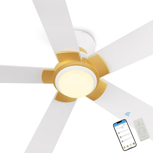 SMAAIR 52 Inch Smart Ceiling Fan with Light and Remote, Flush Mount Modern Ceiling Fan with lights,Compatible with Alexa/Google Assistant/Siri,Timer and Schedule,10 Speed DC Motor,White/Gold
