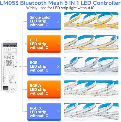 FCOB 5in1 LM053 Bluetooth Mesh PWM LED Controller SmartLife TuyaSmart APP Control for Dimming CCT RGB RGBW RGBCCT LED Strip Work with WR01RF WR02RF RC01RF RC02RF RC03RF RC04RF RC05RF RF Remote