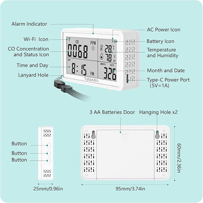 Tuya WiFi Carbon Monoxide Detector Plug in with Temperature & Humidity,3-in-1 Portable CO Detector for Travel Hotel Home Gym Cellar RV Safety,Carbon Monoxide Alarm with Real-Time CO Monitor Display