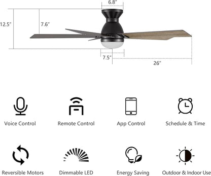 SMAAIR 52 Inch Smart Ceiling Fan with Light and Remote, Flush Mount Modern Ceiling Fan with lights,Compatible with Alexa/Google Assistant/Siri,Timer and Schedule,10 Speed DC Motor, Wooden/Walnut