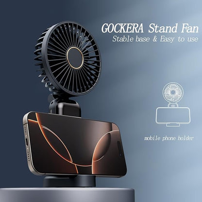 GOCKERA Portable Fan, 4200mAh Battery Operated Fan, 5 Speeds&Digital Display, Makeup Fans for Women with Base, 180°Foldable 3in1 Handheld/Neck/Desk Fan for Outdoor Indoor,Ultra Quiet (Black)