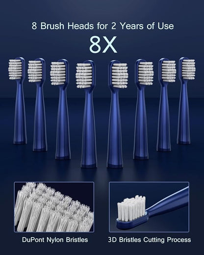 AJELU IPX7 Waterproof Sonicare Electric Toothbrush, 2-Hour Fast Charge with Intelligent Time Reminder, 5 Modes, 8 Brush Heads, Travel, Indoor, Outdoor, Blue