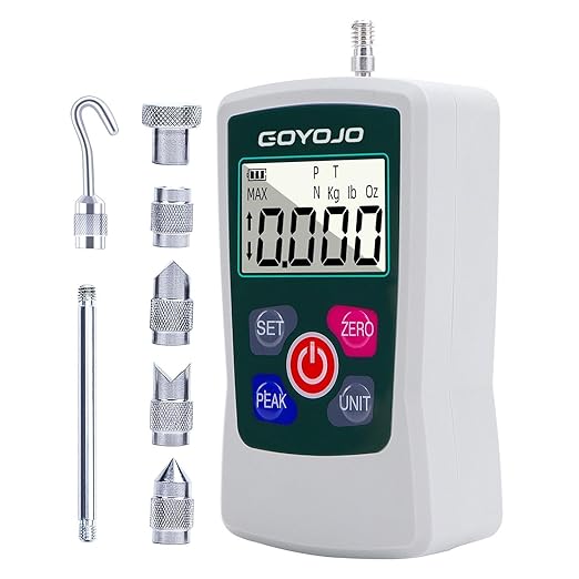 GOYOJO Digital Force Gauge High-Precision Push-Pull Meter for Tension & Compression Testing Units (N, kg, lb, oz) Real-Time/Peak/First Peak Modes Ideal for Quality Control & Material Testing (30N)