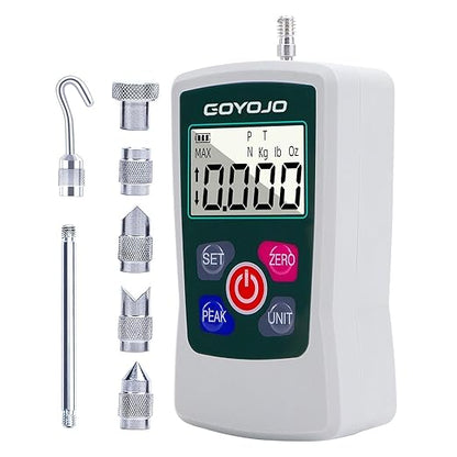 GOYOJO Digital Force Gauge High-Precision Push-Pull Meter for Tension & Compression Testing Units (N, kg, lb, oz) Real-Time/Peak/First Peak Modes Ideal for Quality Control & Material Testing (10N)