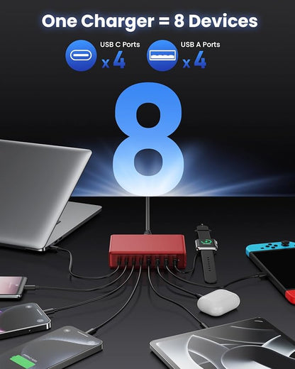 200W USB C Charger Block,8-Ports GaN III Fast Charging Station Hub,QC4.0+PD 65W Laptop Charger Wall Chargers Power Adapter for MacBook Pro/Air,DELL,Steam Desk,iPhone 17/16/15,iPad,Galaxy S25,Pixel-Red