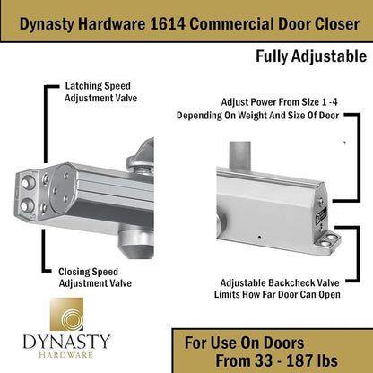 Dynasty Hardware Door Closer, Grade 1 Heavy Duty Commercial Hydraulic Closer, Self-Closing, Adjustable Spring Size 1-4, ADA Compliant, Surface Mount, Sprayed Aluminum, Series 1614