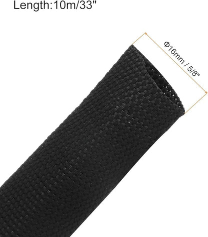 MECCANIXITY Braided Cable Sleeves Heat Shrinkable Fabric Sleeving, 5/8" 33ft Black 2:1 Ratio Heat Shrinkable Cord Protector for Harness Cable, Network Cable Protection, Cable Management