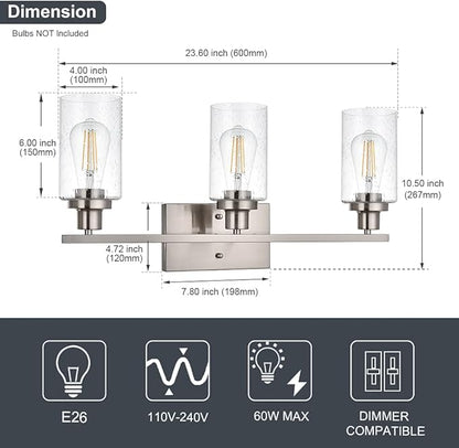 WINSHEN Bathroom Light Fixtures 3-Lights Seeded Glass in Brushed Nickel Finish, 23.6-Inches Vanity Lighting Bath Wall Mount Lamp for Kitchen Living Room Workshop