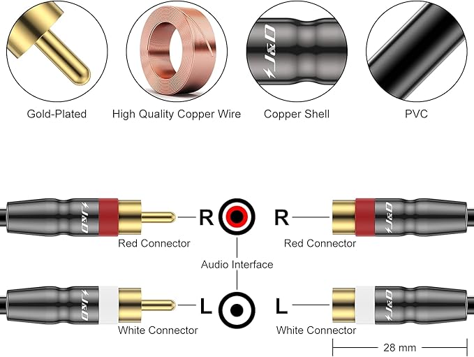 J&D 2 RCA Extension Cable Male to Female, Copper Shell Gold-Plated 2RCA Male to 2RCA Female Cable Stereo Audio Extender Cord Adapter, 15 Feet