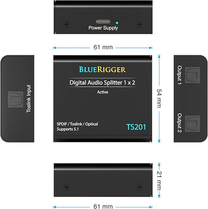BlueRigger Digital Optical Audio Splitter (Active Toslink Splitter 1 in 2 Out, SPDIF, Fiber Optic Adapter) - Compatible with Home Theatre, Xbox, PS4, DVD, Receiver, TV, LPCM2.0, DTS, Dolby Digital