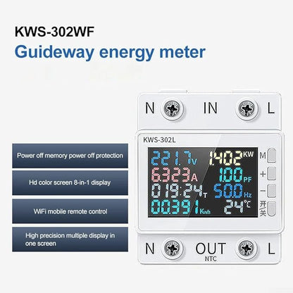 LCD Digital Energy Meter, Single Phase Energy Meter, Din Rail Electricity Usage Monitor, Power Usage Monitor AC170V~270V Power Voltage Meter(KWS-302WF)