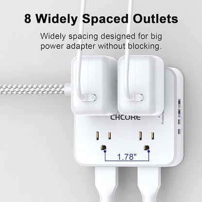 Surge Protector Power Strip - CHCORE 15Ft Braided Extension Cord with 8 Outlets with 4 USB (2 USB C) Charging Ports, Flat Plug Multi Plug Outlet Extender Charging Station for Home Office, ETL, White