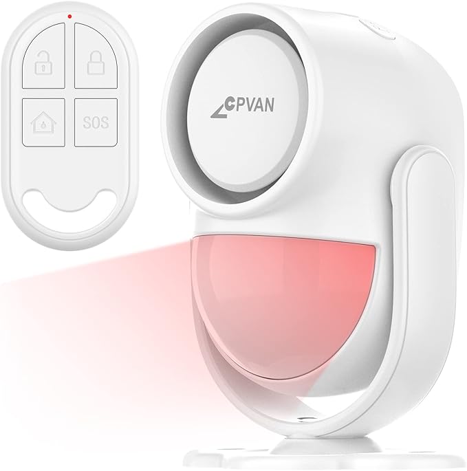 CPVAN 125dB Loud Motion Sensor Alarm with 328ft Remote Control (40ft PIR Detector, Batteries), Indoor Wireless Infrared Security Motion Detector with Siren for Home Garage Van (CP2 Pro, Whtie)