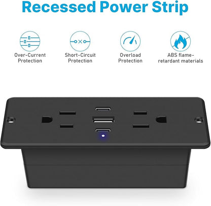 CCCEI Recessed Power Strip with Outlet and USB C Ports, Furniture Flush Mount Power Strip, Small Desk Hidden Outlet for Conference Table, Nightstand, Black, 6FT.