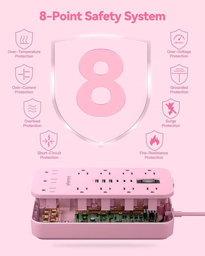 Pink Extension Cord with Multiple Outlets- 5 FT Kawaii Power Strip, Cute Extension Cord with 11 AC Outlet 6 USB (24W/4.8A), Charging Station for Cute Pink Kawaii Desk Home Room Decor Essentials Gifts