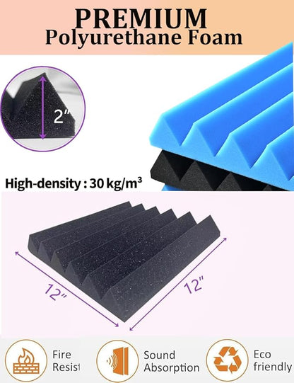 Sound Proof Foam Panels for Wall 24 Pack Acoustic Panels Sound Absorbing 2" X 12" X 12" Fire-Proofed Soundproofing Foam High Density Sound Dampening Panels for Room Studio