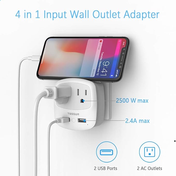 TESSAN US to Japan Plug Adapter, 2 Prong to 3 Prong Outlet Adapter with Two AC Outlets 2 USB Ports, Travel Power Adaptor for USA to Japanese Tokyo Canada Mexico Philippines Peru Colombia, Type A
