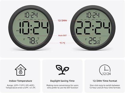 Digital Wall Clock with Date, Indoor Temperature, Auto-DST, Battery-Operated Digital Clock, 8 Inch Small Decorative Wall Clock for Bedroom, Living Room, Home, Kitchen, Office, Modern, Electric, Simple