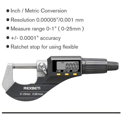 REXBETI Digital Micrometer, Professional Inch/Metric Measuring Tools 0.00005"/0.001 mm Resolution Thickness Gauge, Protective Case with Extra Battery