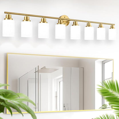 Guliaofo 8-Light Vanity Lights, Brushed Gold Bathroom Light Fixture with Striped Textured Milky White Glass Shade, Modern Vanity Lighting Fixture for Bathroom Wall Light Over Mirror, E26 Wall Sconce
