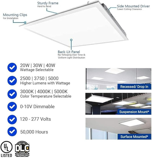 2x2 FT LED Light Flat Panel, 20/30/40W, Color Temperature Selectable 3K | 4K | 5K, Dimmable Recessed Drop Ceiling Lights, 2500/3750/5000 Lumens, Lay in Fixture for Office, 120-277V, UL DLC(12 Pack)