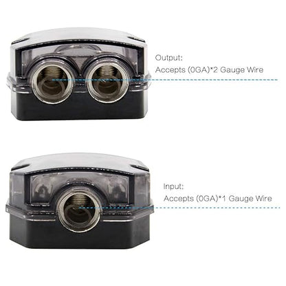 RKURCK 2 Way Power Distribution Block, 0/2/4 AWG Gauge in, 0/4/8/10 Gauge Out, Car Audio Stereo Amp Distribution Connecting Block for Audio Splitter (1x0GA+2x0GA)