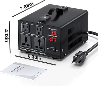 1000W Voltage Converter Transformer Step Up 110V/120V to220V/240V or Step Down 220V to 110V AC Power Converte, Circuit Breaker Protection, 2 US sockets, 2 Universal sockets, LCD Display