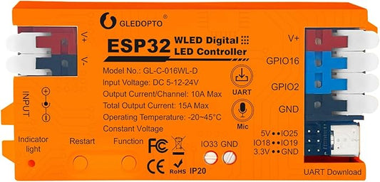 ESP32 WLED LED Strip Light Controller 15A Fuse Mic DIY Dynamic Lighting UART USB-C Download Energy Saving Relay App Control for RGB IC Addressable Digital WS2811 WS2812 SK6812 TM1814 WS2813 WS2815