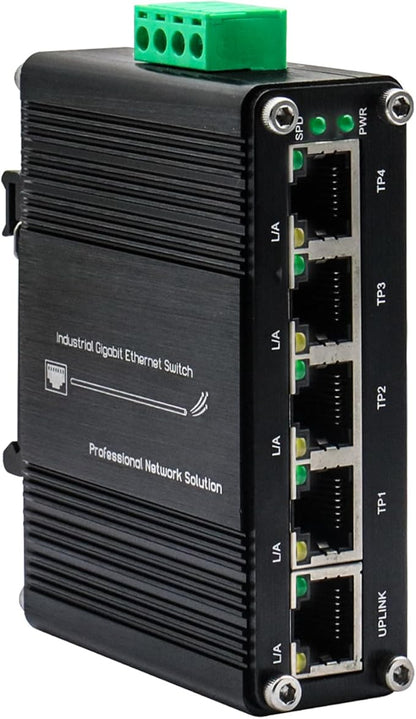 Mini 5-Port Gigabit Ethernet Switch -Industrial Grade Unmanaged Network Switch with 12-48VDC Power Input，Din-Rail or Wall Mount,Plug and Play (-40°F to 176°F) ,Fast Connection,Rugged Metal Case