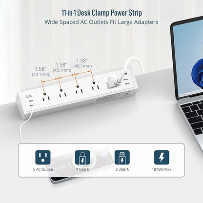 Tecmojo Desk Clamp Power Strip 5 Outlet with 2 USB A and 4 USB C Ports, 6 ft Cord, Desk Outlet Station Fit 1.6" Tabletop Edge,Over Loading Protection,ETL Listed,White