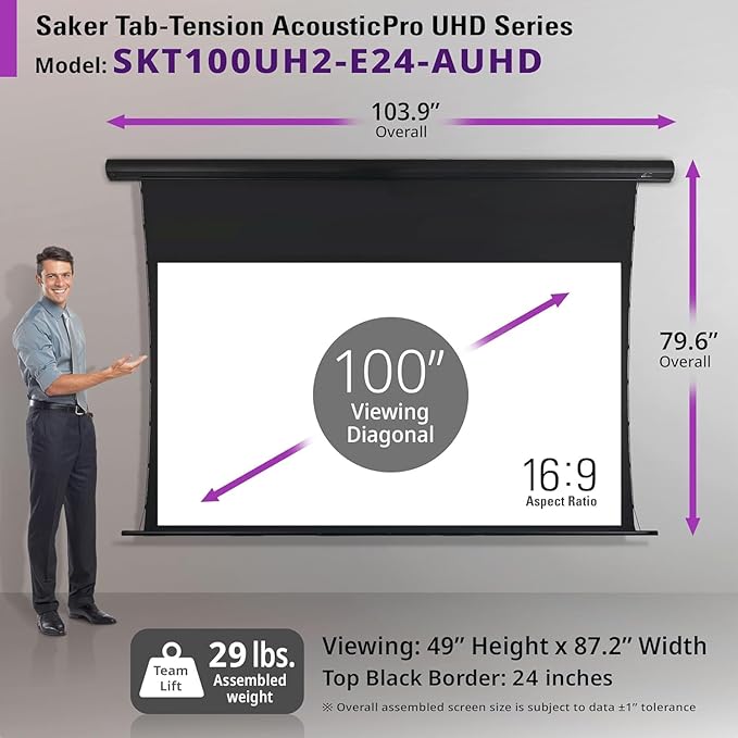 Elite Screens Saker Tab-Tension AcousticProUHD RC1 Kit, 100-INCH 24" Drop Acoustically Sound Transparent Projector Screen, SKT100UH2-E24-AUHD