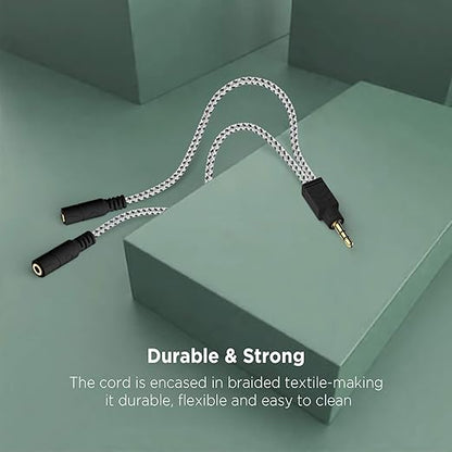 DUKABEL Headphone Splitter, Knitted 3.5mm Audio Splitter TRS 3-Pole Aux Splitter Cable for Headphones Earphones Speakers -Zebra White/2PACK