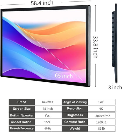 TouchWo 65-inch Interactive Touchscreen Monitor, Electronic Whiteboard Touch Screen with 4K Display, Smart Board for Home Office and Classroom, Bundled Android 14, RAM 8G & ROM 128G