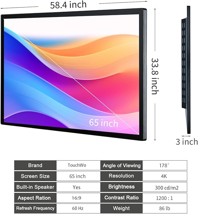 TouchWo 65-inch Interactive Touchscreen Monitor, Electronic Whiteboard Touch Screen with 4K Display, Smart Board for Home Office and Classroom, Bundled Android 12, RAM 4G & ROM 64G