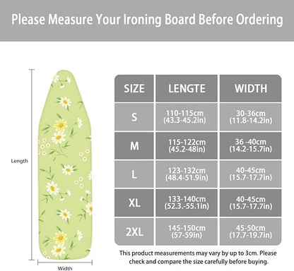 ZCFYGDX Fresh White Daisy Print Ironing Board Cover, Resist Scorching & Staining, Easy to Install Resistant Elastic Edges, 3 Nylon Buckle Straps Fasteners, Protective Scorch Cloth Covers Size-M