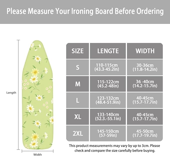 ZCFYGDX Fresh White Daisy Print Ironing Board Cover, Resist Scorching & Staining, Easy to Install Resistant Elastic Edges, 3 Nylon Buckle Straps Fasteners, Protective Scorch Cloth Covers Size-2XL