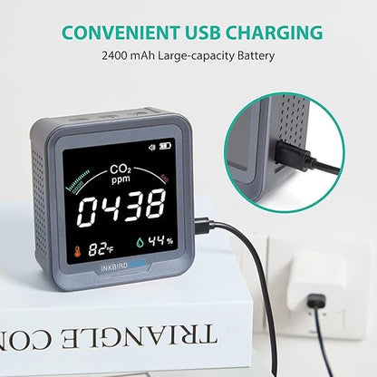 INKBIRDPLUS Ndir CO2 Detector Battery Powered | Digital CO2 Monitor with Alarm | Carbon Dioxide & Temperature & Humidity Air Quality Monitor Indoor | for Home, Office, RV, Grow Tent (PTH-9C)