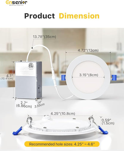 Ensenior 12 Pack 4 Inch LED Recessed Ceiling Light, Dimmable, 2700K-5000K 5CCT, 750LM 9W 120V, High Brightness Canless Wafer Downlight - ETL&FCC&IC